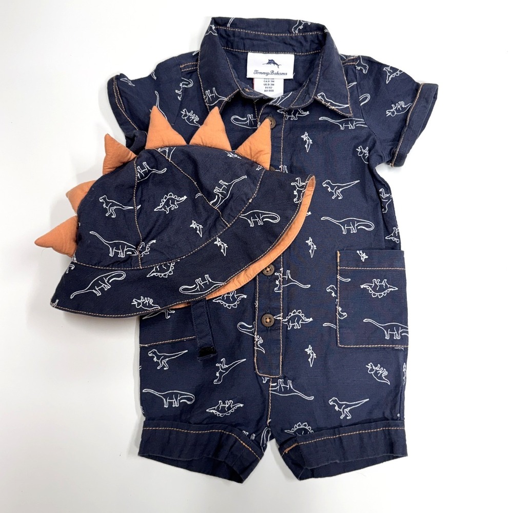 Tommy Bahama Boy's Blue Dinosaur Romper with Hat, Infant Size 0-3 Months Cotton